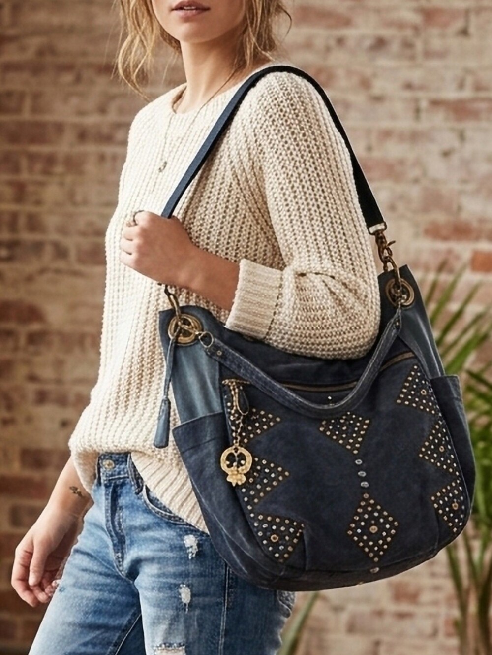 Lucky Brand Los Angeles 100% Cotton/100% Leather StuddedCrossbody Bag Slate Gray